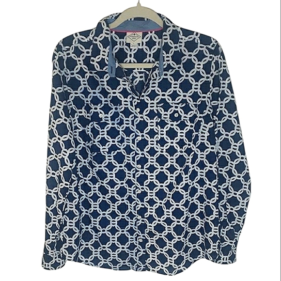 St Johns Bay Button Up Blouse Navy White Geometric Coastal Grandma Preppy Yacht - Picture 1 of 12